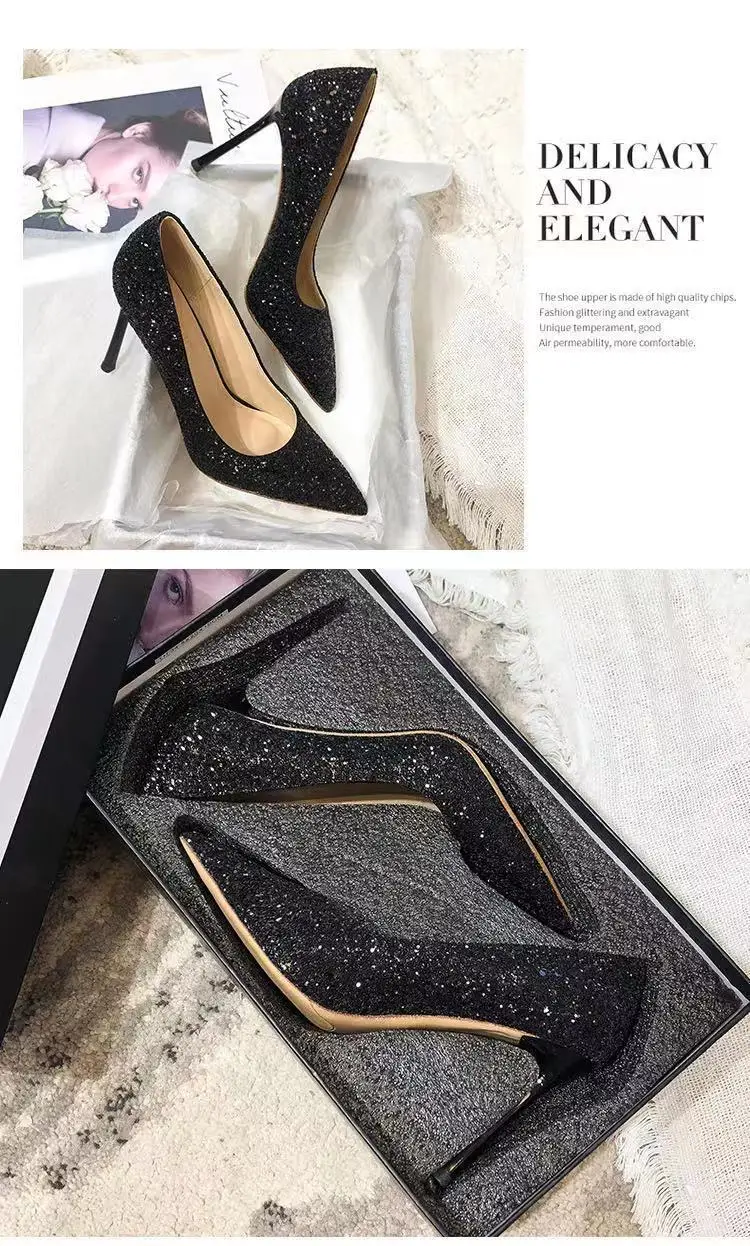 2024 Fashion Spring New Autumn Woman 9CM/7CM High Heels Silver Wedding Shoes Stiletto Pointed Toe Slip-on PU Bling Luxury Ladies