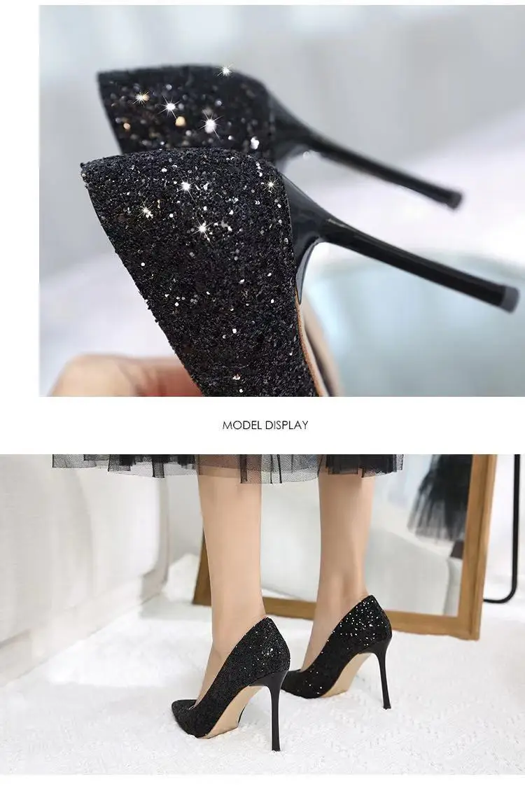 2024 Fashion Spring New Autumn Woman 9CM/7CM High Heels Silver Wedding Shoes Stiletto Pointed Toe Slip-on PU Bling Luxury Ladies