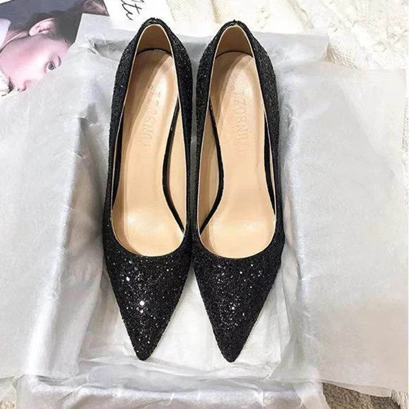 2024 Fashion Spring New Autumn Woman 9CM/7CM High Heels Silver Wedding Shoes Stiletto Pointed Toe Slip-on PU Bling Luxury Ladies