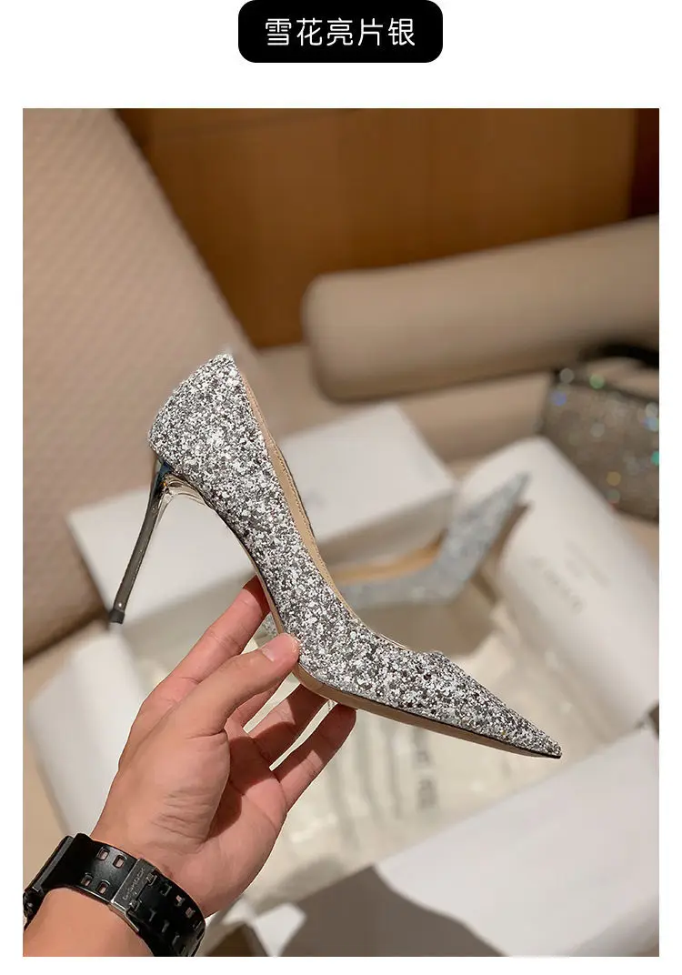2024 Fashion Spring New Autumn Woman 9CM/7CM High Heels Silver Wedding Shoes Stiletto Pointed Toe Slip-on PU Bling Luxury Ladies