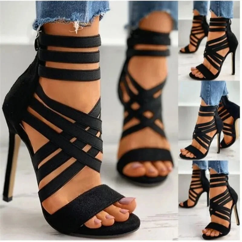 Sexy Peep Toe Elastic Band Cross Women High Heels Sandals Summer New Back Zipper Cover Heeled Gladiator Shoe Pump Black Sexy Peep Toe Elastic Band Cross Women High Heels Sandals Summer New Back Zipper Cover Heeled Gladiator Shoe Pump Black