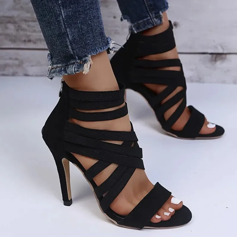 Sexy Peep Toe Elastic Band Cross Women High Heels Sandals Summer New Back Zipper Cover Heeled Gladiator Shoe Pump Black Sexy Peep Toe Elastic Band Cross Women High Heels Sandals Summer New Back Zipper Cover Heeled Gladiator Shoe Pump Black