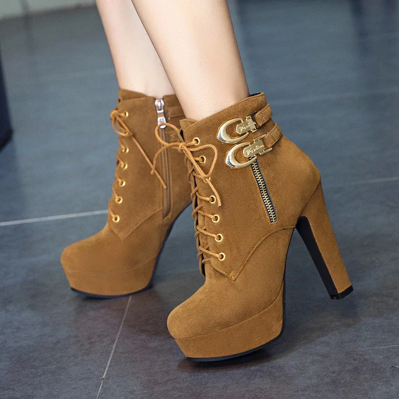 2024 New Autumn Ankle Boots for Women Platform High Heels Shoes Woman Buckle Short Booties Casual Faux Suede Footwear