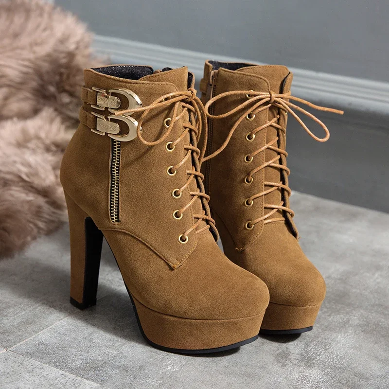 2024 New Autumn Ankle Boots for Women Platform High Heels Shoes Woman Buckle Short Booties Casual Faux Suede Footwear