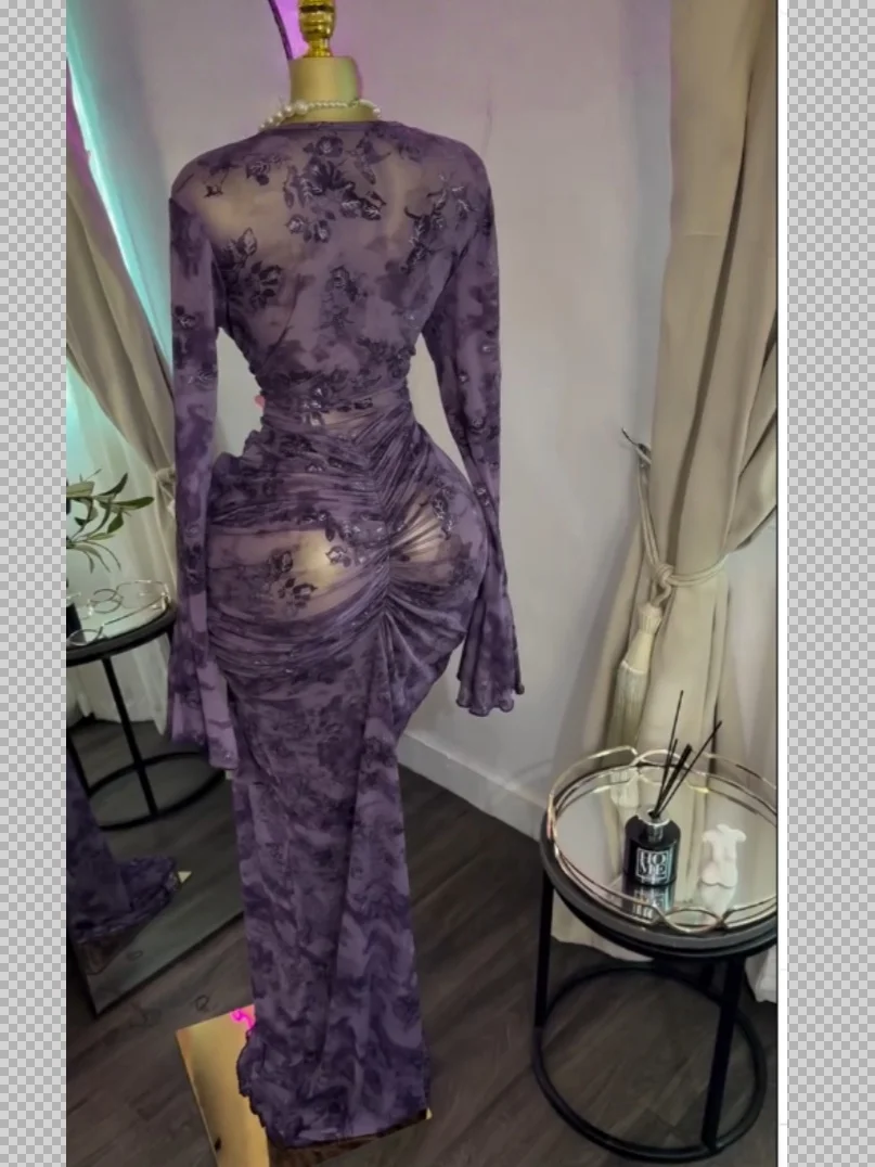 GLCMYAYA Women Flocking Stacked Ruched Long Sleeve with Tank Maxi Mermaid Dress 2026 Birthday Holiday Trendy Dresses Vestidos