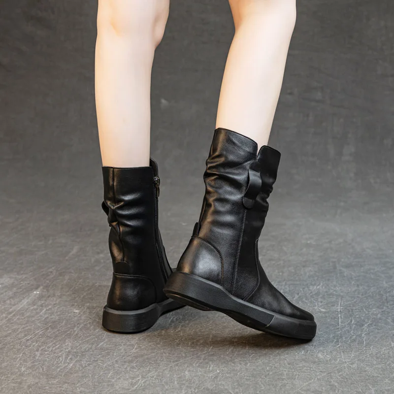 Fashion Women Boots Autumn Winter Plush Warm Mid Calf Boots Round Toe Zipper Pleated Thick Bottom Leather Cotton Boots