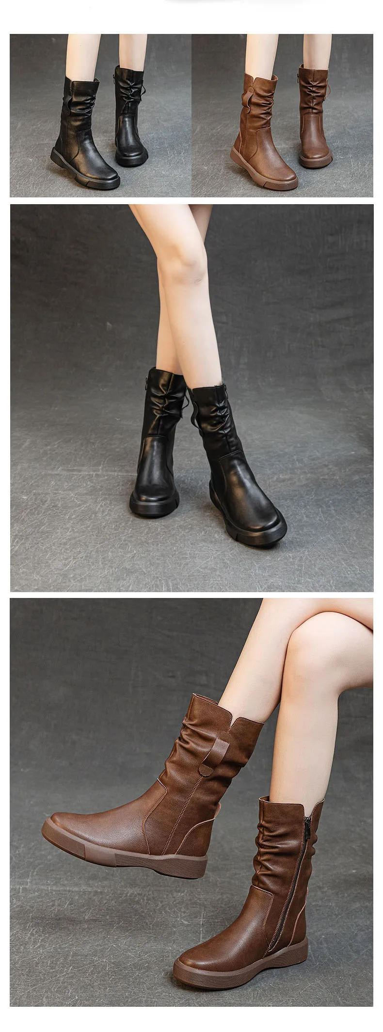 Fashion Women Boots Autumn Winter Plush Warm Mid Calf Boots Round Toe Zipper Pleated Thick Bottom Leather Cotton Boots