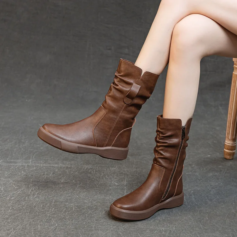 Fashion Women Boots Autumn Winter Plush Warm Mid Calf Boots Round Toe Zipper Pleated Thick Bottom Leather Cotton Boots