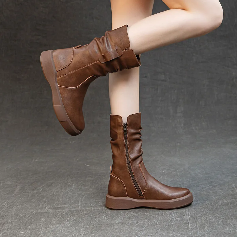 Fashion Women Boots Autumn Winter Plush Warm Mid Calf Boots Round Toe Zipper Pleated Thick Bottom Leather Cotton Boots
