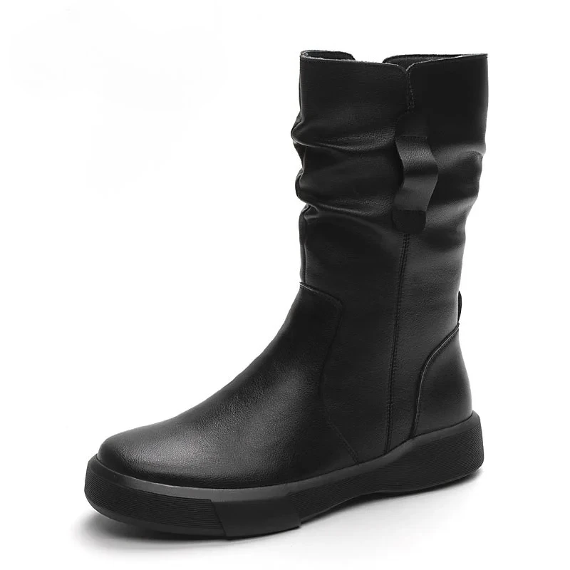 Fashion Women Boots Autumn Winter Plush Warm Mid Calf Boots Round Toe Zipper Pleated Thick Bottom Leather Cotton Boots