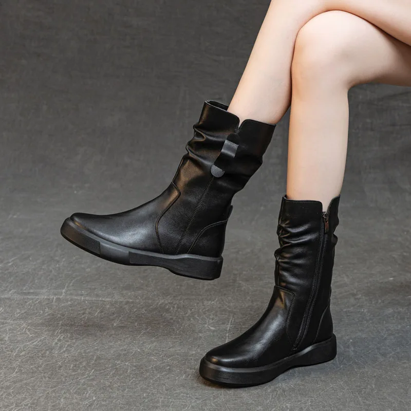 Fashion Women Boots Autumn Winter Plush Warm Mid Calf Boots Round Toe Zipper Pleated Thick Bottom Leather Cotton Boots