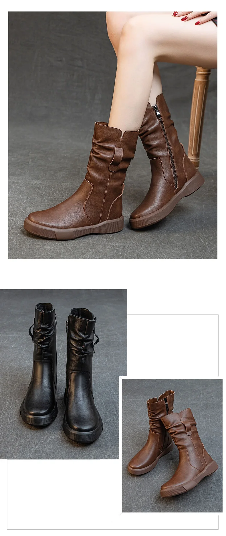 Fashion Women Boots Autumn Winter Plush Warm Mid Calf Boots Round Toe Zipper Pleated Thick Bottom Leather Cotton Boots