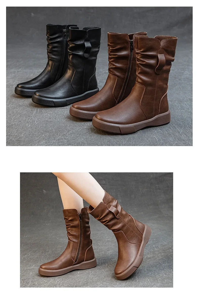 Fashion Women Boots Autumn Winter Plush Warm Mid Calf Boots Round Toe Zipper Pleated Thick Bottom Leather Cotton Boots