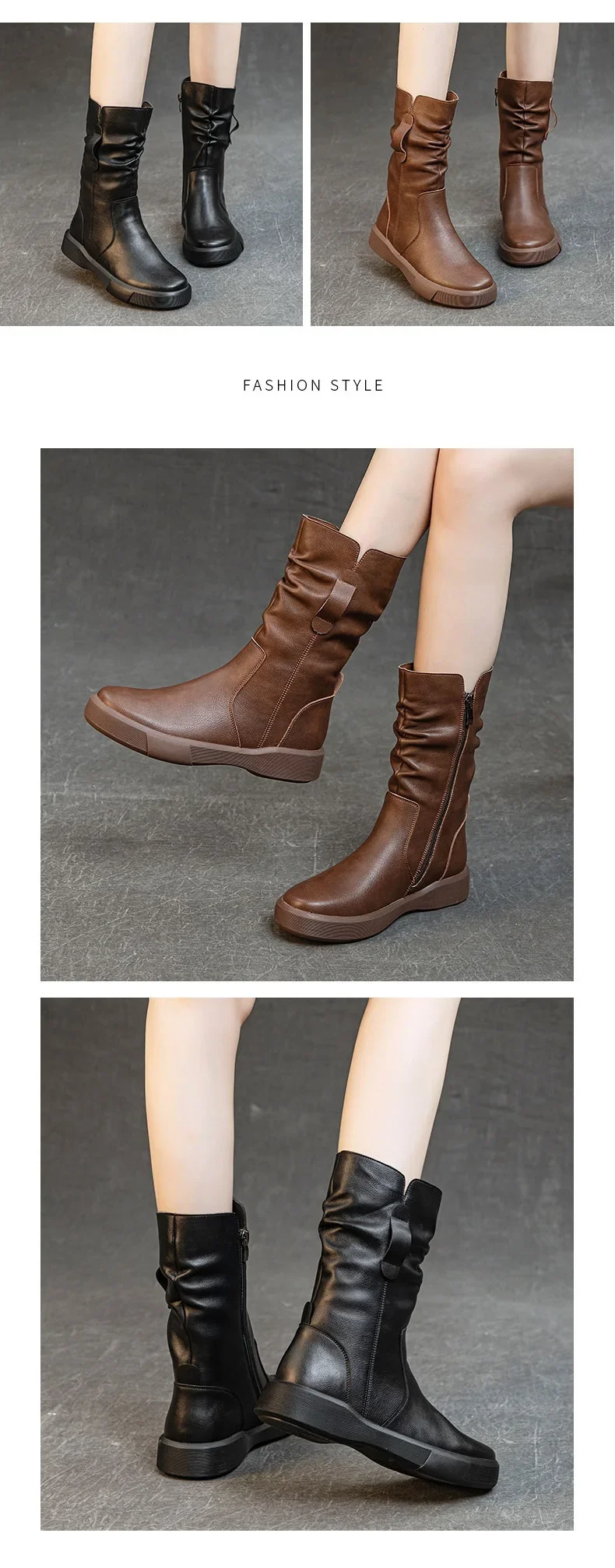 Fashion Women Boots Autumn Winter Plush Warm Mid Calf Boots Round Toe Zipper Pleated Thick Bottom Leather Cotton Boots