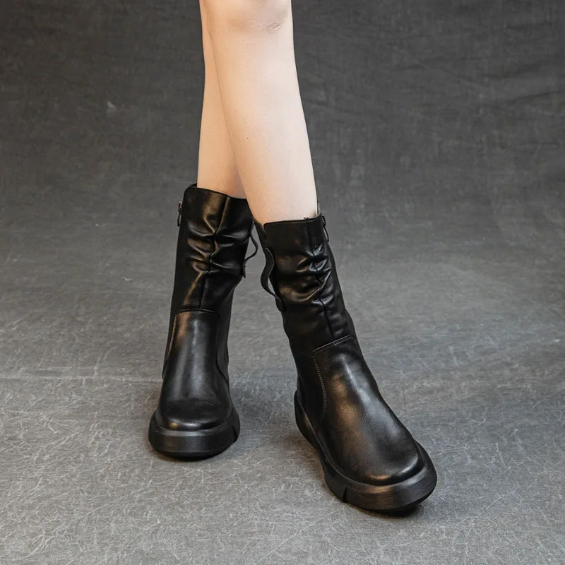 Fashion Women Boots Autumn Winter Plush Warm Mid Calf Boots Round Toe Zipper Pleated Thick Bottom Leather Cotton Boots