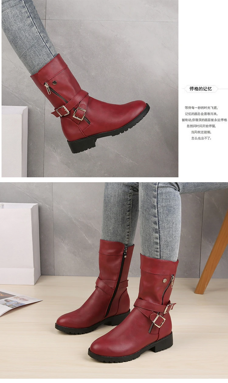 2023 Mid-Calf Boots Plus Size 43 Women Buckle Goth Boots Female Low Square Heel Zipper Leather Flat Shoes Red Black Grey Boots 2023 Mid-Calf Boots Plus Size 43 Women Buckle Goth Boots Female Low Square Heel Zipper Leather Flat Shoes Red Black Grey Boots
