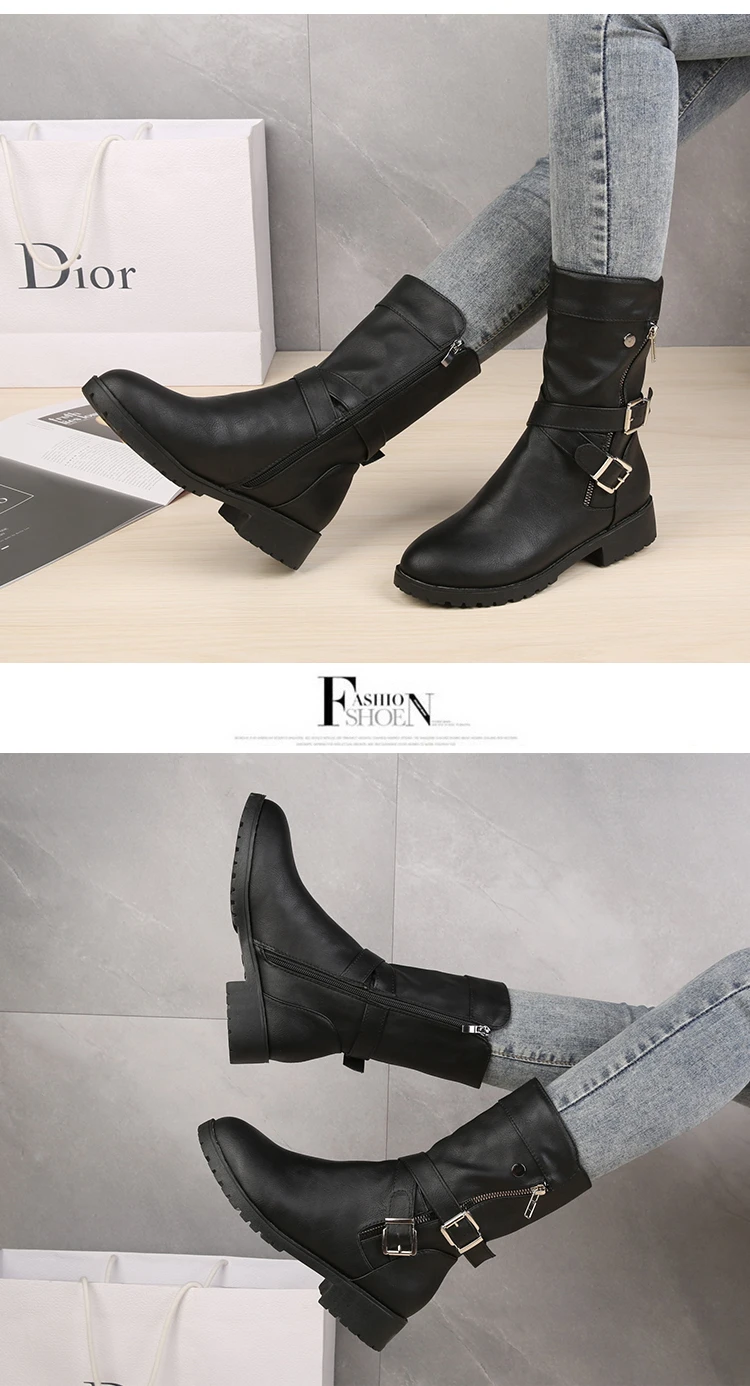 2023 Mid-Calf Boots Plus Size 43 Women Buckle Goth Boots Female Low Square Heel Zipper Leather Flat Shoes Red Black Grey Boots 2023 Mid-Calf Boots Plus Size 43 Women Buckle Goth Boots Female Low Square Heel Zipper Leather Flat Shoes Red Black Grey Boots