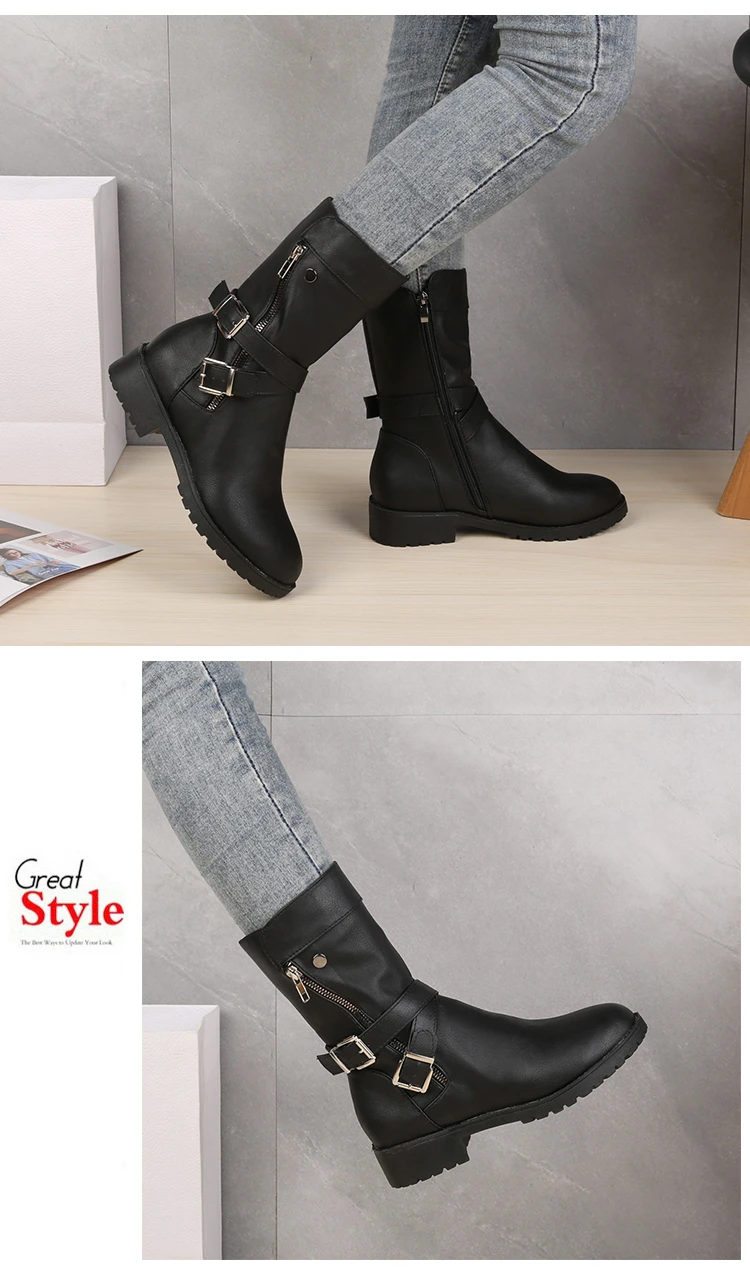 2023 Mid-Calf Boots Plus Size 43 Women Buckle Goth Boots Female Low Square Heel Zipper Leather Flat Shoes Red Black Grey Boots 2023 Mid-Calf Boots Plus Size 43 Women Buckle Goth Boots Female Low Square Heel Zipper Leather Flat Shoes Red Black Grey Boots