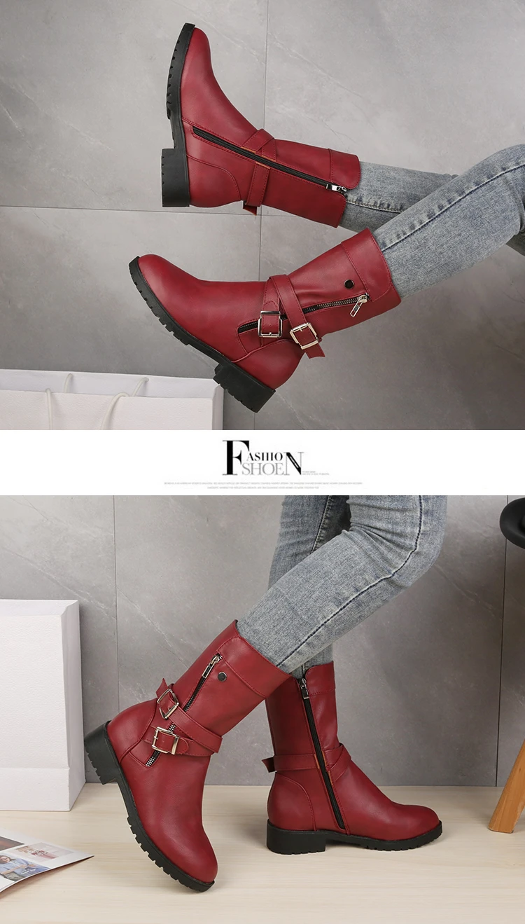 2023 Mid-Calf Boots Plus Size 43 Women Buckle Goth Boots Female Low Square Heel Zipper Leather Flat Shoes Red Black Grey Boots 2023 Mid-Calf Boots Plus Size 43 Women Buckle Goth Boots Female Low Square Heel Zipper Leather Flat Shoes Red Black Grey Boots