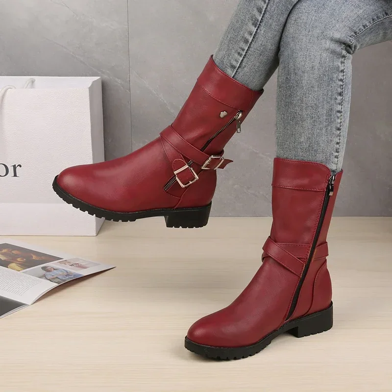 2023 Mid-Calf Boots Plus Size 43 Women Buckle Goth Boots Female Low Square Heel Zipper Leather Flat Shoes Red Black Grey Boots