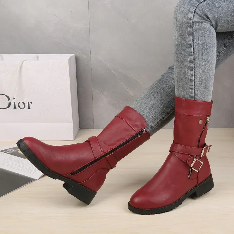 2023 Mid-Calf Boots Plus Size 43 Women Buckle Goth Boots Female Low Square Heel Zipper Leather Flat Shoes Red Black Grey Boots