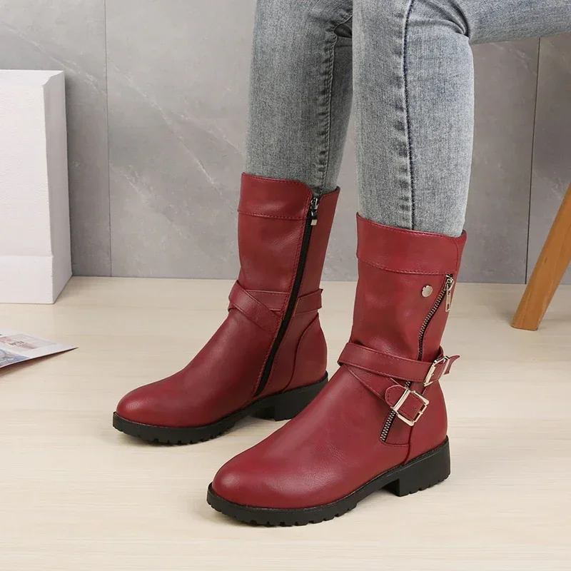 2023 Mid-Calf Boots Plus Size 43 Women Buckle Goth Boots Female Low Square Heel Zipper Leather Flat Shoes Red Black Grey Boots