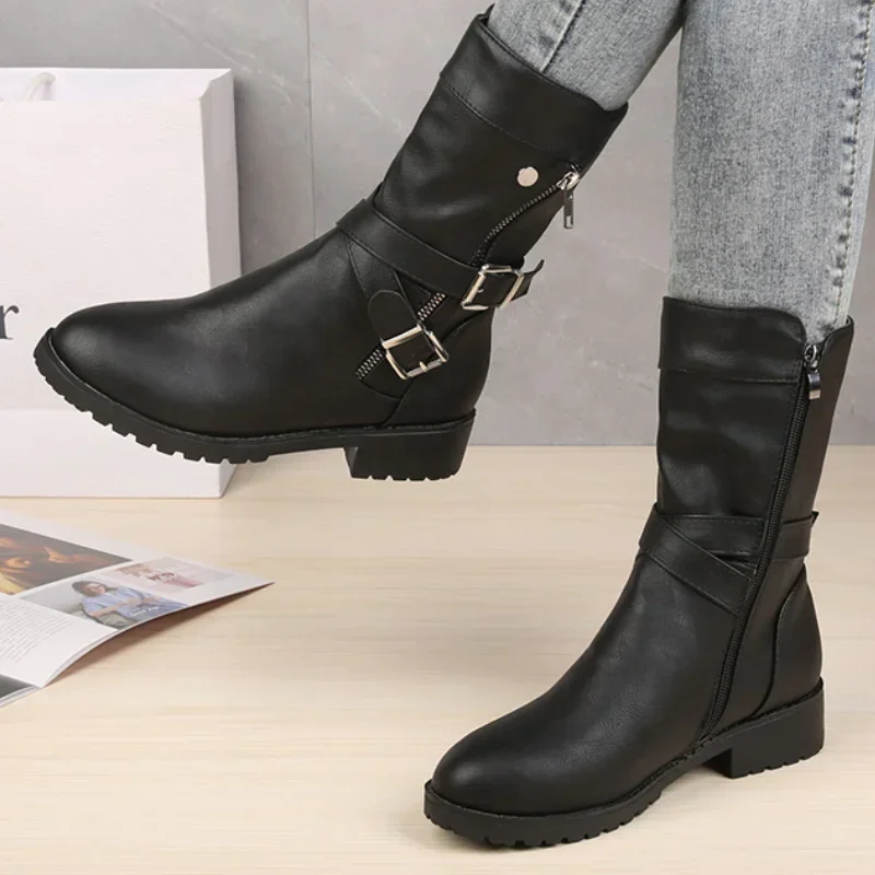 2023 Mid-Calf Boots Plus Size 43 Women Buckle Goth Boots Female Low Square Heel Zipper Leather Flat Shoes Red Black Grey Boots