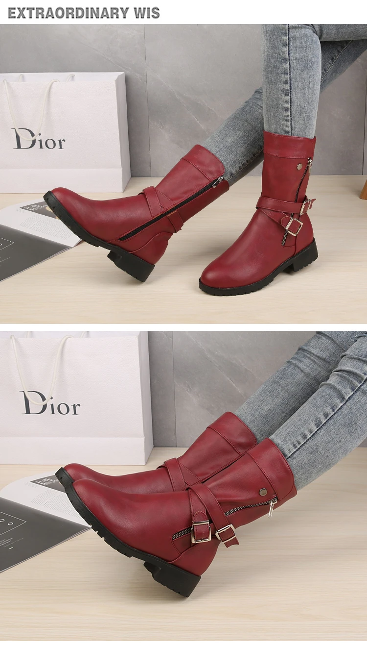 2023 Mid-Calf Boots Plus Size 43 Women Buckle Goth Boots Female Low Square Heel Zipper Leather Flat Shoes Red Black Grey Boots 2023 Mid-Calf Boots Plus Size 43 Women Buckle Goth Boots Female Low Square Heel Zipper Leather Flat Shoes Red Black Grey Boots