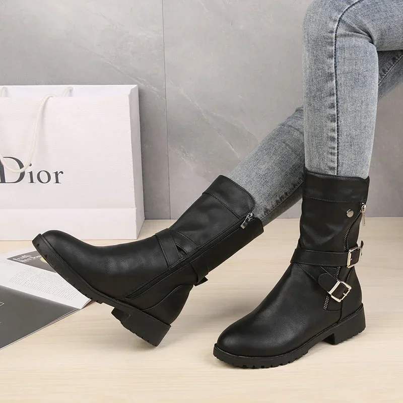 2023 Mid-Calf Boots Plus Size 43 Women Buckle Goth Boots Female Low Square Heel Zipper Leather Flat Shoes Red Black Grey Boots