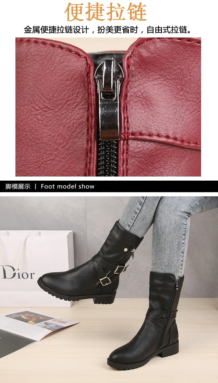 2023 Mid-Calf Boots Plus Size 43 Women Buckle Goth Boots Female Low Square Heel Zipper Leather Flat Shoes Red Black Grey Boots 2023 Mid-Calf Boots Plus Size 43 Women Buckle Goth Boots Female Low Square Heel Zipper Leather Flat Shoes Red Black Grey Boots