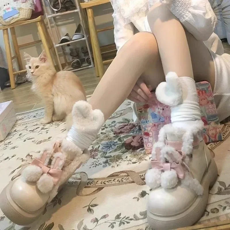 Cute Girls Beige Warming  Fur Cross Tied Lace Up Ankle Boots Women Fashion Round Toe Flat Winter Snow Boots Shoes Lady