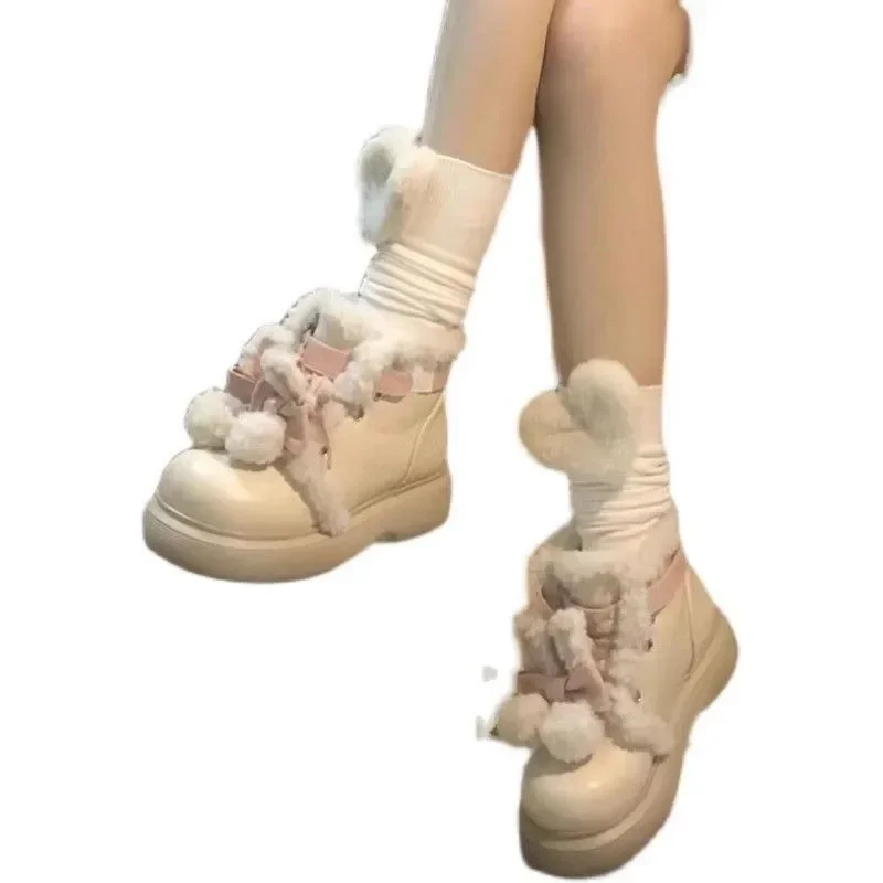 Cute Girls Beige Warming  Fur Cross Tied Lace Up Ankle Boots Women Fashion Round Toe Flat Winter Snow Boots Shoes Lady