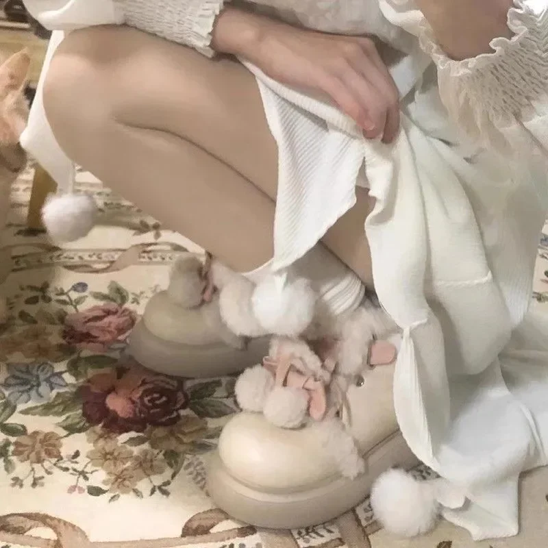 Cute Girls Beige Warming  Fur Cross Tied Lace Up Ankle Boots Women Fashion Round Toe Flat Winter Snow Boots Shoes Lady