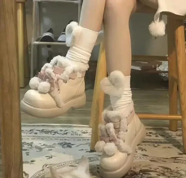 Cute Girls Beige Warming Fur Cross Tied Lace Up Ankle Boots Women Fashion Round Toe Flat Winter Snow Boots Shoes Lady Cute Girls Beige Warming Fur Cross Tied Lace Up Ankle Boots Women Fashion Round Toe Flat Winter Snow Boots Shoes Lady