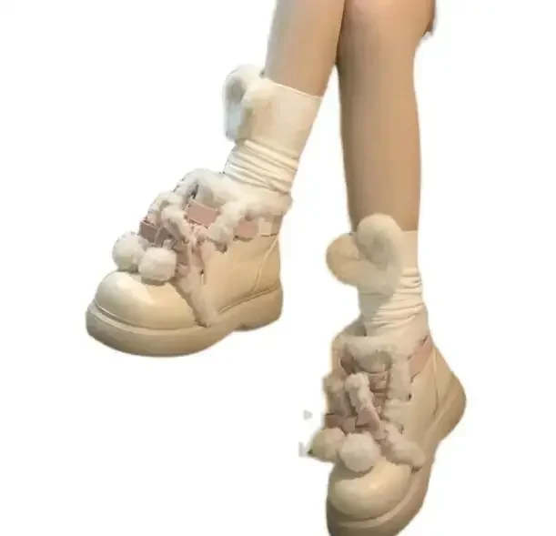 Cute Girls Beige Warming Fur Cross Tied Lace Up Ankle Boots Women Fashion Round Toe Flat Winter Snow Boots Shoes Lady Cute Girls Beige Warming Fur Cross Tied Lace Up Ankle Boots Women Fashion Round Toe Flat Winter Snow Boots Shoes Lady