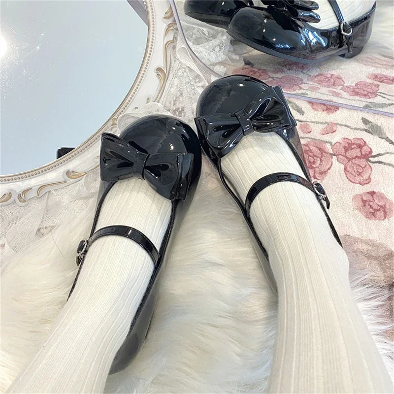 Sweet Cute Bow Low Heel 1cm Flats Round Head Shoes Lolitas for Girls Harajuku Jk Uniform Shoes