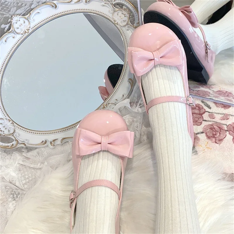 Sweet Cute Bow Low Heel 1cm Flats Round Head Shoes Lolitas for Girls Harajuku Jk Uniform Shoes