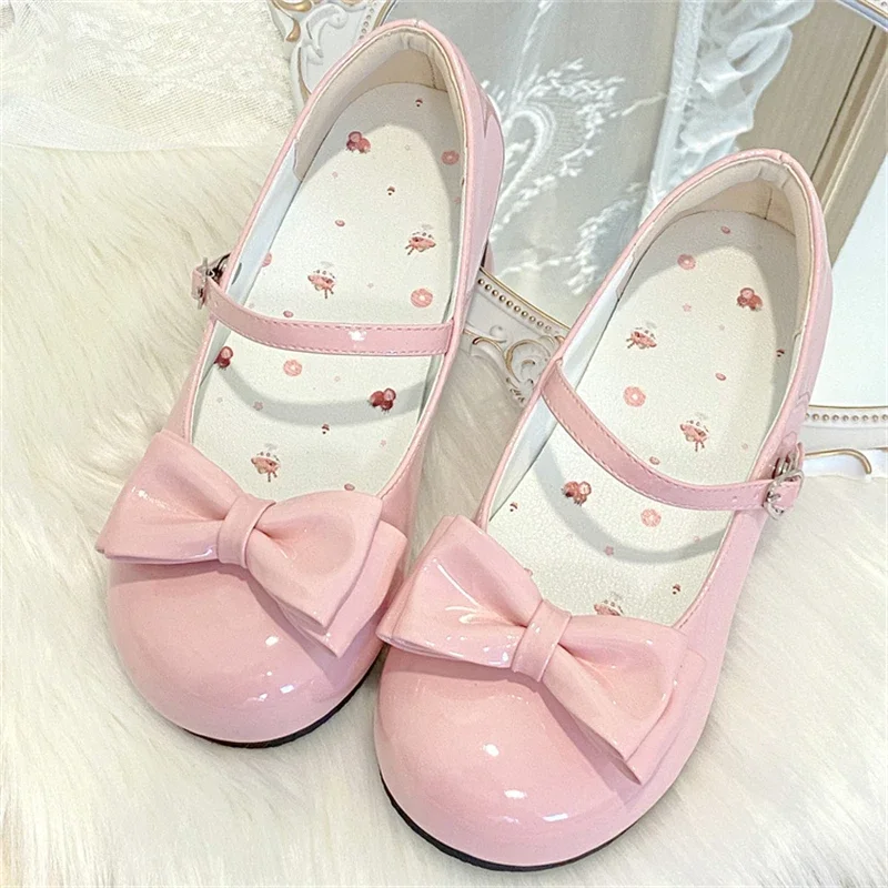 Sweet Cute Bow Low Heel 1cm Flats Round Head Shoes Lolitas for Girls Harajuku Jk Uniform Shoes