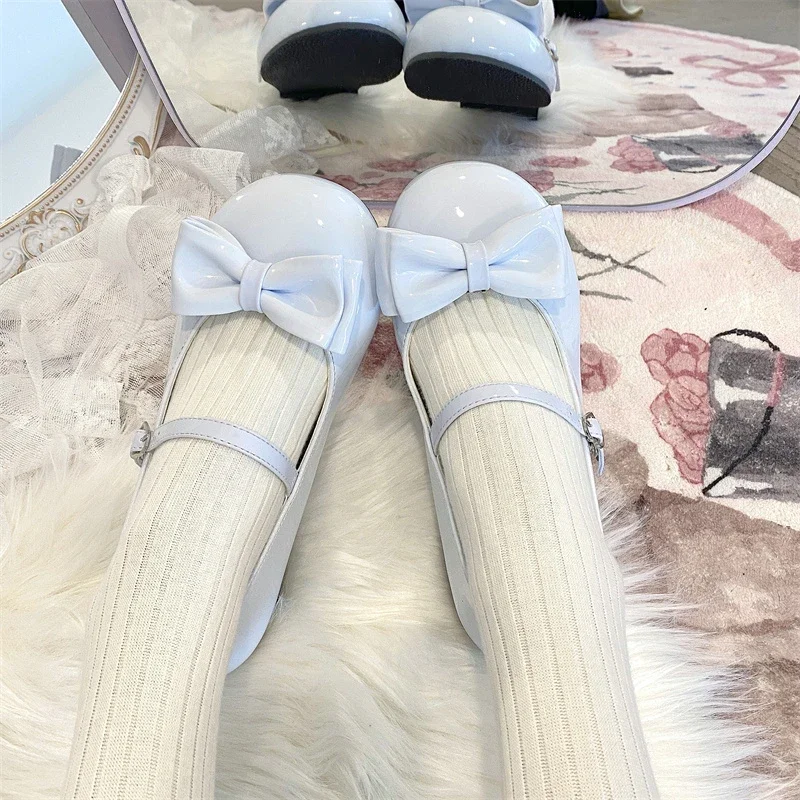 Sweet Cute Bow Low Heel 1cm Flats Round Head Shoes Lolitas for Girls Harajuku Jk Uniform Shoes