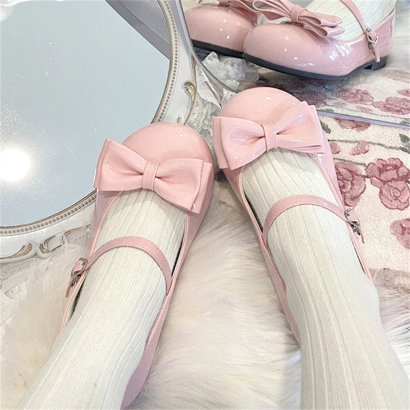 Sweet Cute Bow Low Heel 1cm Flats Round Head Shoes Lolitas for Girls Harajuku Jk Uniform Shoes