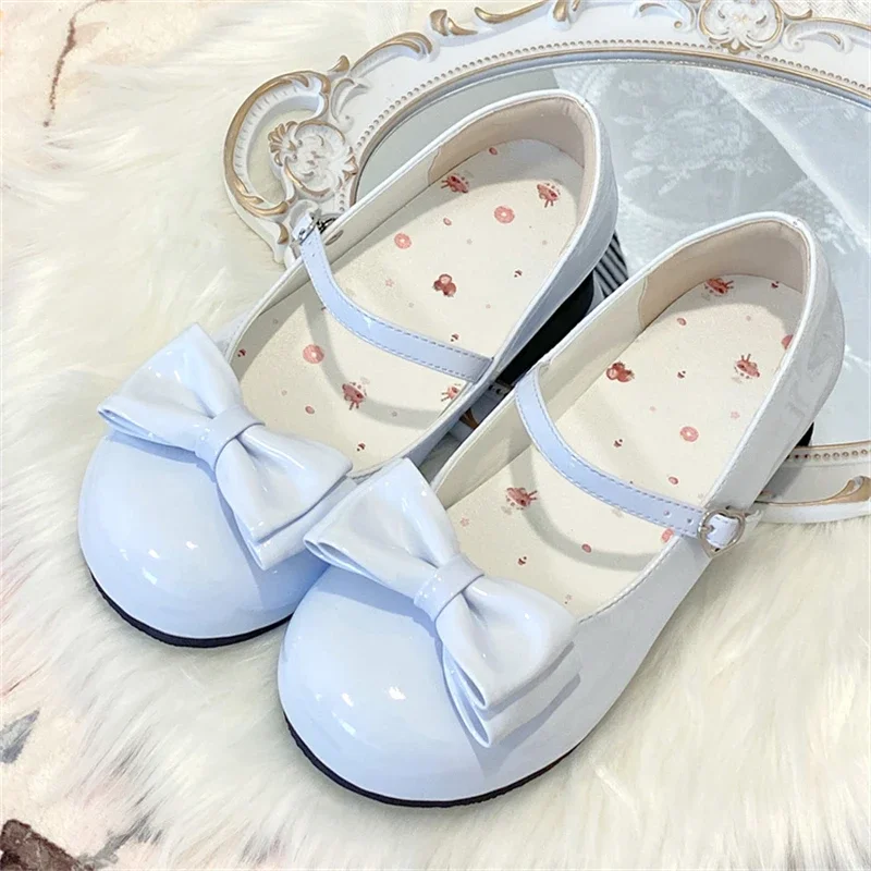 Sweet Cute Bow Low Heel 1cm Flats Round Head Shoes Lolitas for Girls Harajuku Jk Uniform Shoes