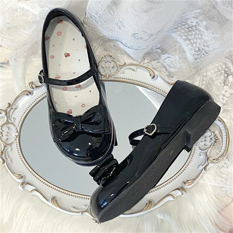 Sweet Cute Bow Low Heel 1cm Flats Round Head Shoes Lolitas for Girls Harajuku Jk Uniform Shoes