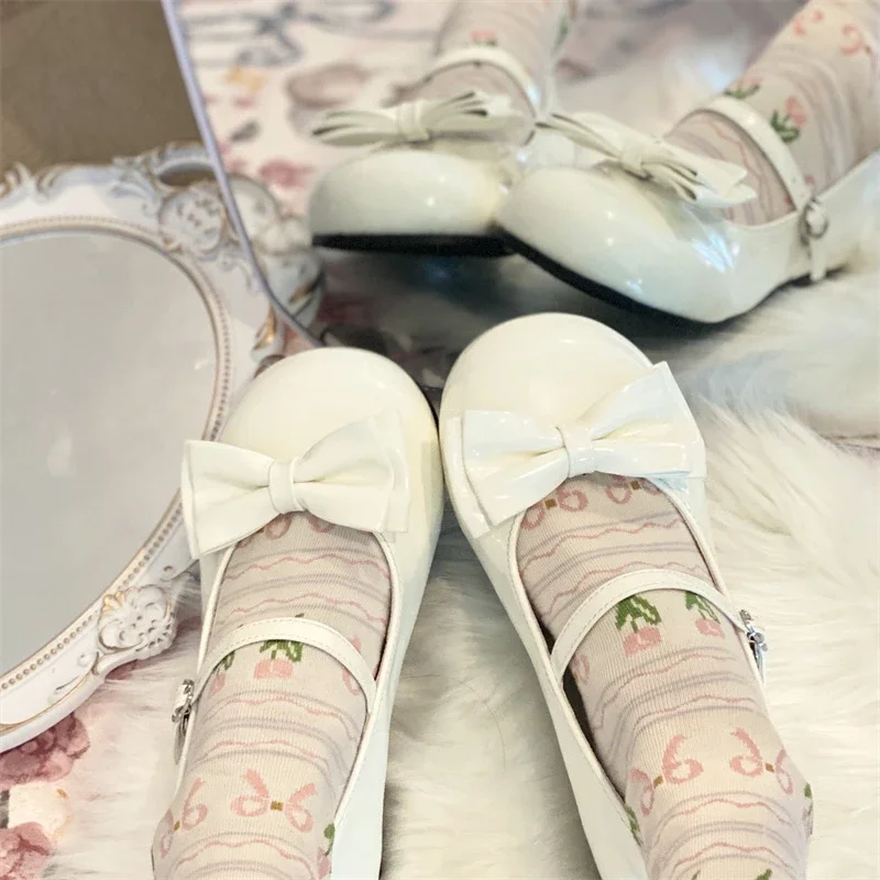 Sweet Cute Bow Low Heel 1cm Flats Round Head Shoes Lolitas for Girls Harajuku Jk Uniform Shoes