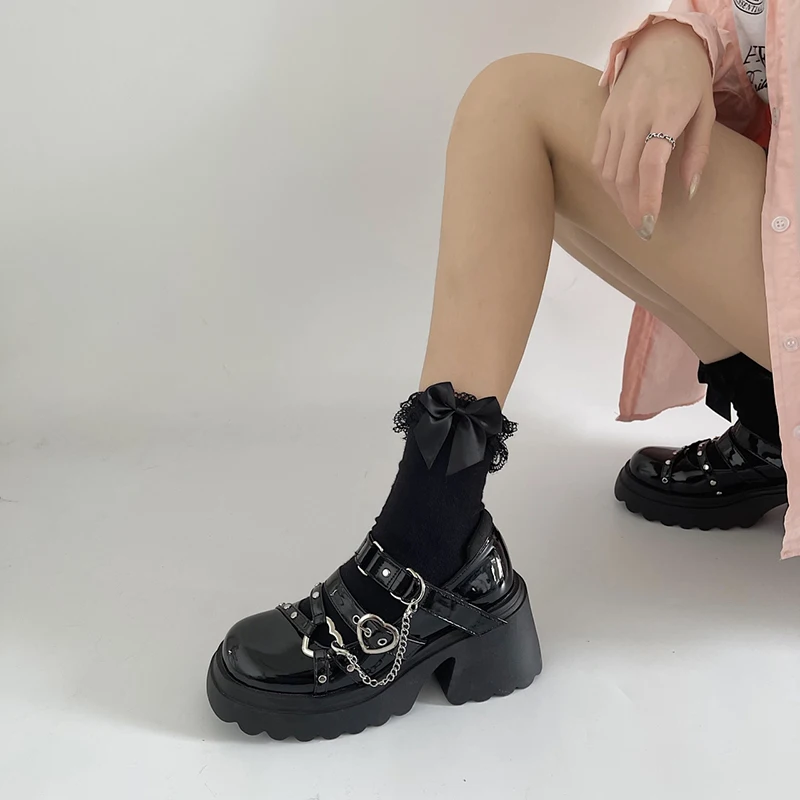 Women's Punk Platform Pumps 2023 Spring Metal Chain Mary Jane Lolita Shoes Woman Japanese Patent Leather High Heels Gothic Shoes