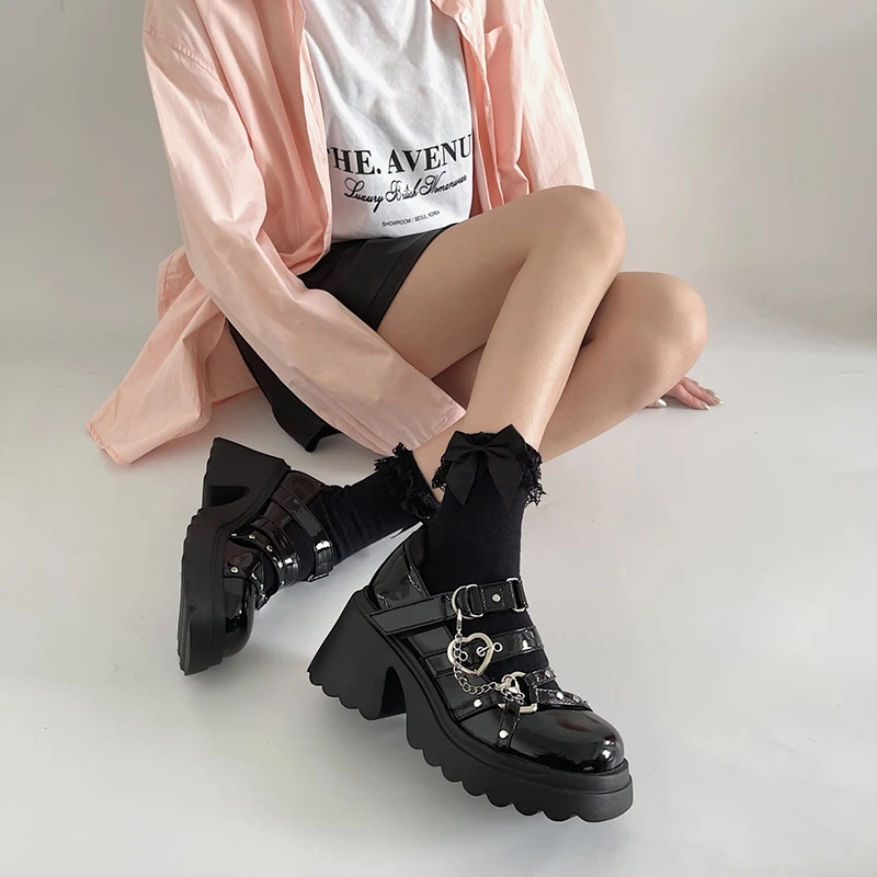 Women's Punk Platform Pumps 2023 Spring Metal Chain Mary Jane Lolita Shoes Woman Japanese Patent Leather High Heels Gothic Shoes