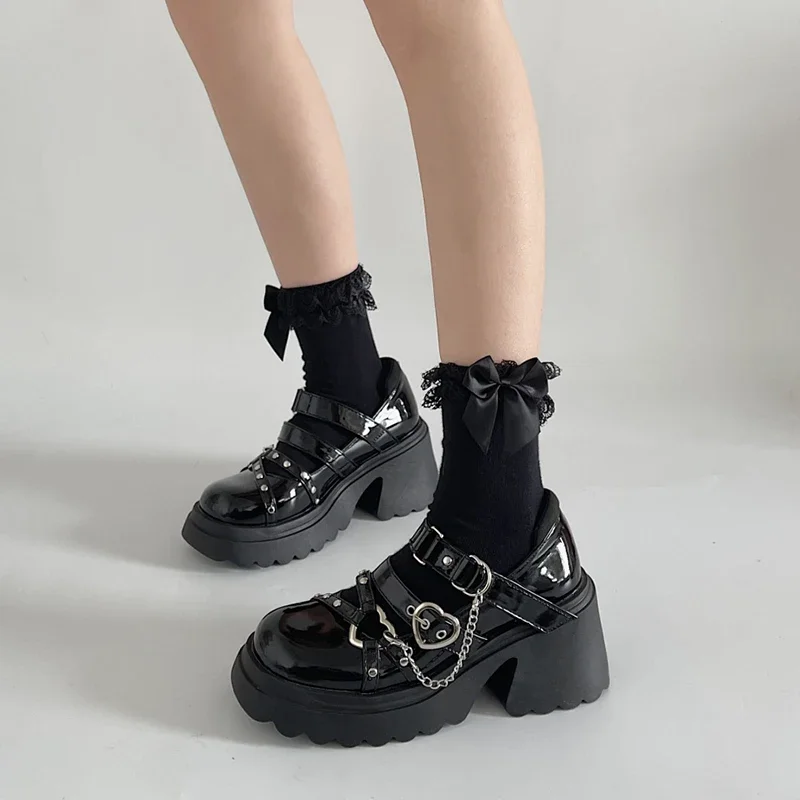 Women's Punk Platform Pumps 2023 Spring Metal Chain Mary Jane Lolita Shoes Woman Japanese Patent Leather High Heels Gothic Shoes