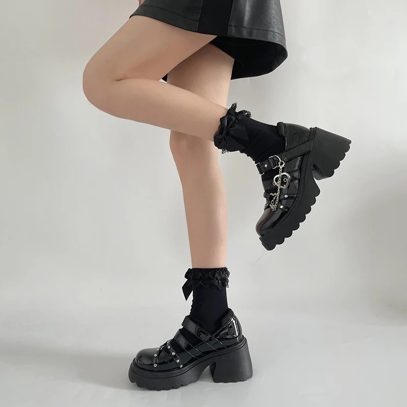 Women's Punk Platform Pumps 2023 Spring Metal Chain Mary Jane Lolita Shoes Woman Japanese Patent Leather High Heels Gothic Shoes