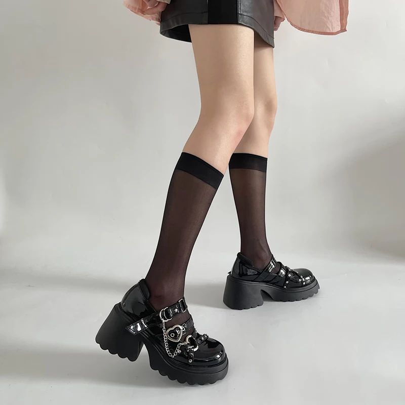 Women's Punk Platform Pumps 2023 Spring Metal Chain Mary Jane Lolita Shoes Woman Japanese Patent Leather High Heels Gothic Shoes