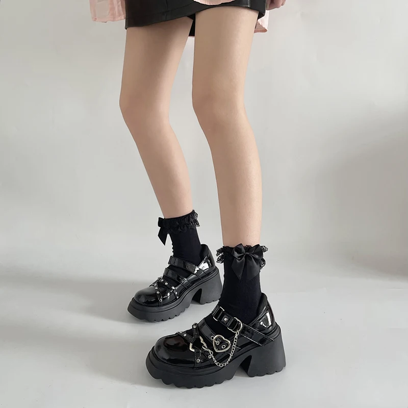 Women's Punk Platform Pumps 2023 Spring Metal Chain Mary Jane Lolita Shoes Woman Japanese Patent Leather High Heels Gothic Shoes