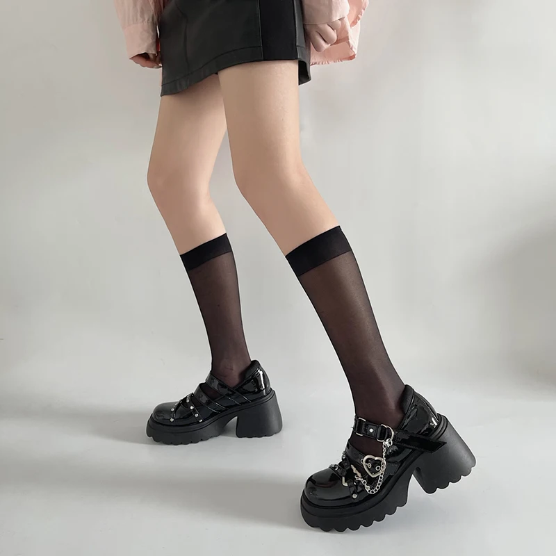 Women's Punk Platform Pumps 2023 Spring Metal Chain Mary Jane Lolita Shoes Woman Japanese Patent Leather High Heels Gothic Shoes